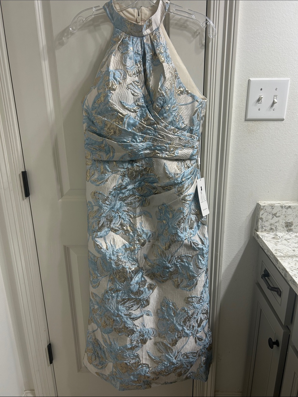 Blue and Gold Floral Halter Midi Dress